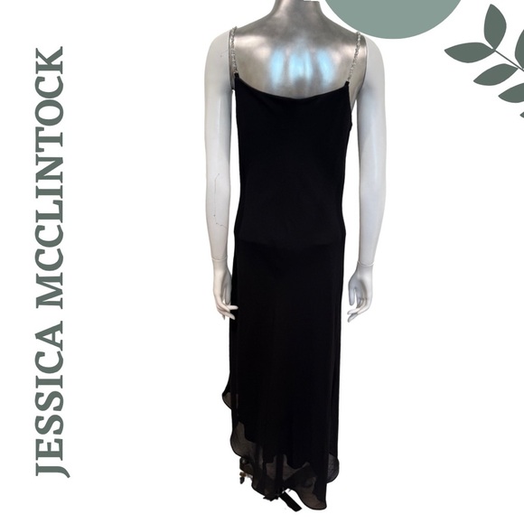 Jessica McClintock Black Evening Slip Dress w/ Crystal Beaded Straps - Size 10 - Picture 3 of 7
